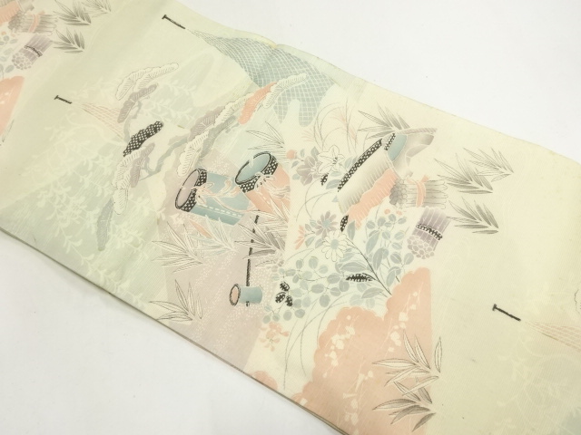 アンティーク　駒絽　網干に秋草・笠松模様丸帯（材料）